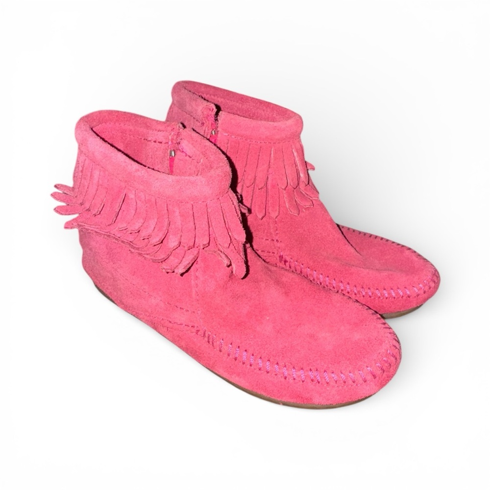 Minnetonka Girls Size 13 Pink Suede Fringe Ankle Boots Boho Western Kids-wear